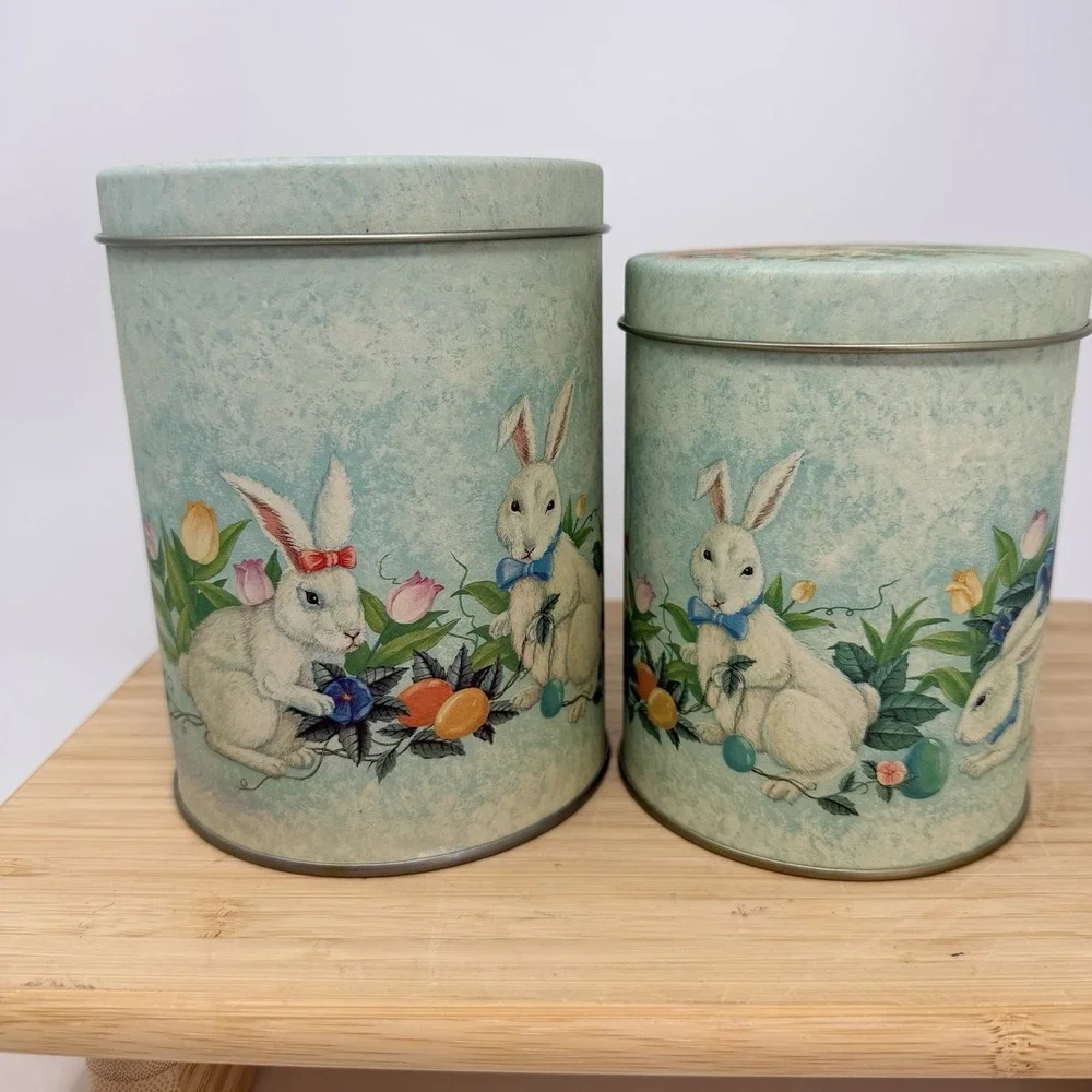 Vintage Easter Bunny Rabbit Nesting Tins Set of 2 Spring Floral Cottagecore